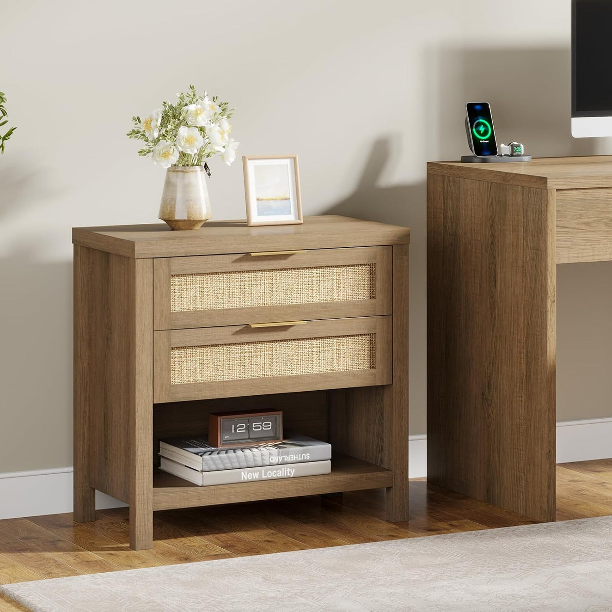 eclatara rattan nightstands with 2 drawers and storage on a desk or shelf