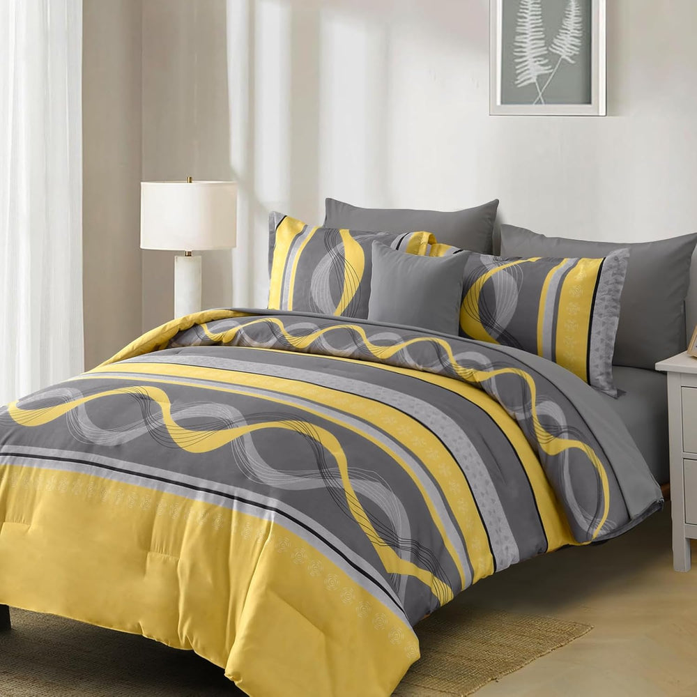 Anibedding Yellow and Grey Comforter Set King Size,8 Pieces Bed in a Bag Patc...