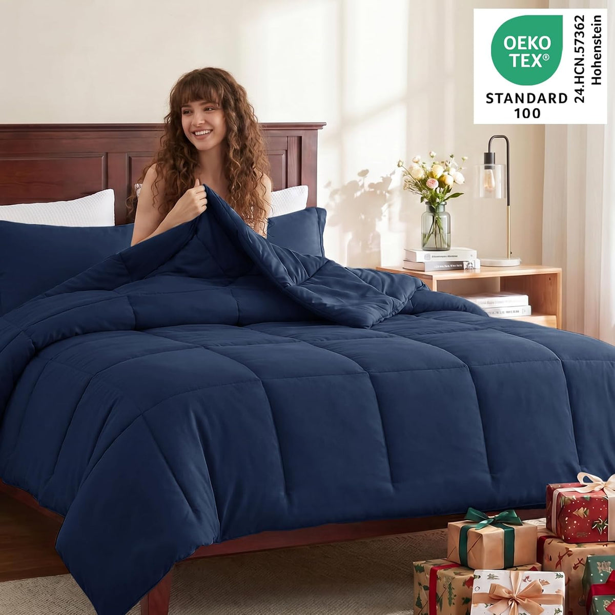 cozylux full size comforter sets, 3-piece box-stitched, navy, close-up detail