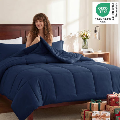 cozylux full size comforter sets, 3-piece box-stitched, navy, close-up detail
