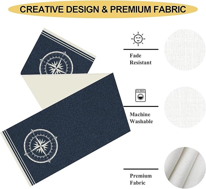 Nautical Compass Table Runner，Retro Coastal Sailing Compass Vintage Navy Blue - Image 5
