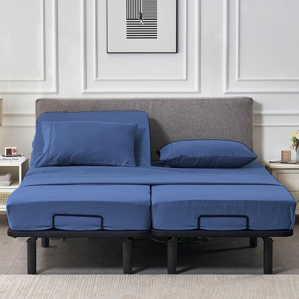 Kingnex Split Queen Sheets Set for Adjustable Bed Navy