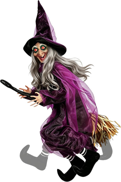 Hourleey 4 FT Flying Witch Halloween Decorations, Animated Hanging Witch on Broom Prop with Lighted Eyes, Sound Activated Witch for Yard Outdoor Indoor Porch Haunted House Party Decor