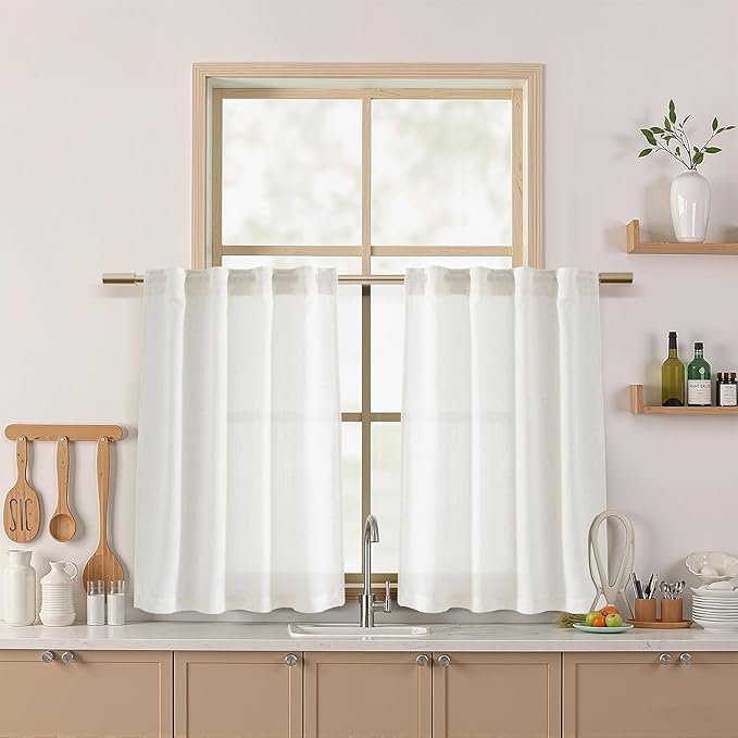 Nanspring Kitchen Window Curtains 36 Inch Length Beige White Linen Cafe by Nanspring