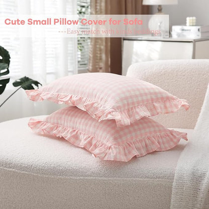 2 Pack Blush White Plaid Ruffle Gingham Lumbar Throw Pillow Covers, 100% Washed - Image 4