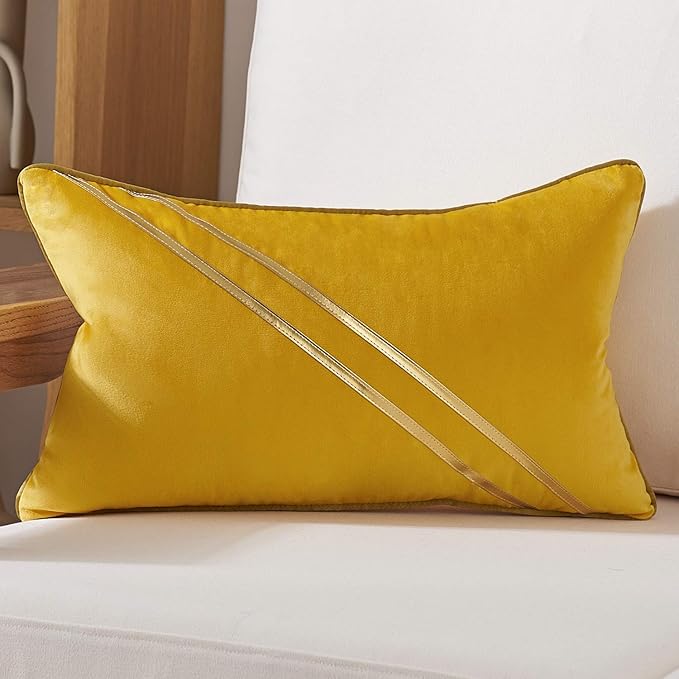 Avigers 12 x 20 Inch Yellow Gold Leather Striped Lines Velvet Cushion Case by Avigers