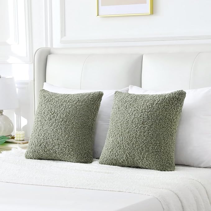 FUTEI Sage Green Throw Pillow Covers 24x24 Inch Set of 2, Furry Faux Fur Teddy - Image 6