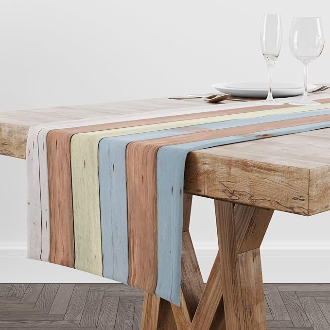 Blue White Fresh Wood Table Runner Abstract Strip Wood Texture Kitchen Dinner - Image 2
