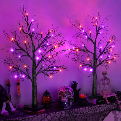 [Timer] 2 Pack Halloween Decorations Indoor, 24 Inch Lighted Black Halloween Tree with 24 Orange & Purple Lights, USB or Battery Powered Spooky Tabletop Tree for Home, Party, Fireplace & Holiday Decor