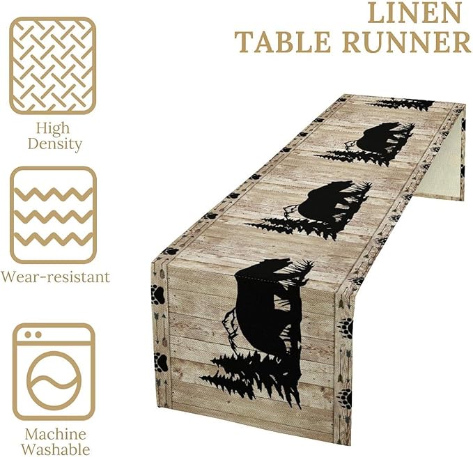 Bear Table Runner, Wild Animals Rustic Cabin Forest Bear Print Wooden Board - Image 6