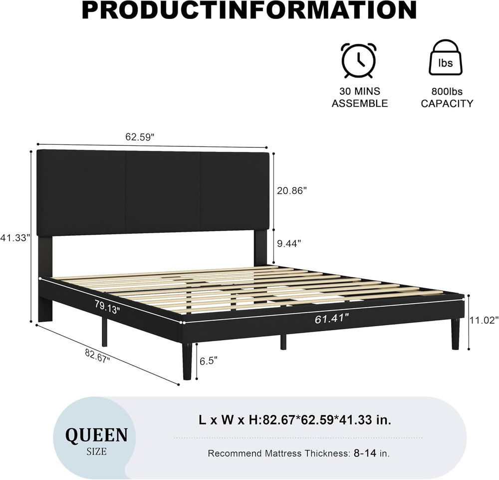 IOILORI Queen Size Bed Frame with Upholstered Headboard, Sturdy Wood Slats, N...