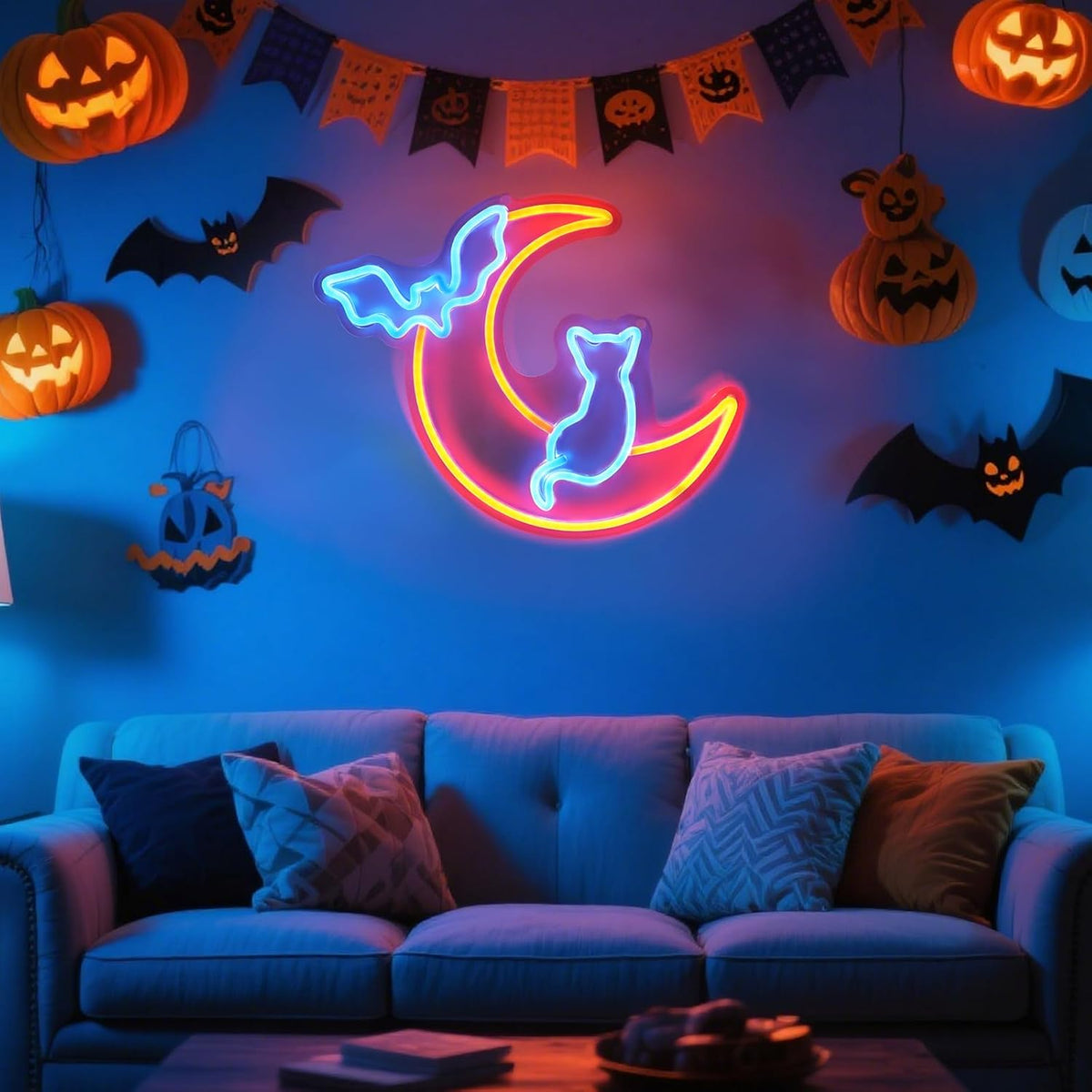 Halloween Neon Sign Wall Decor - Moon&Bat&Cat Themed Halloween LED Lights