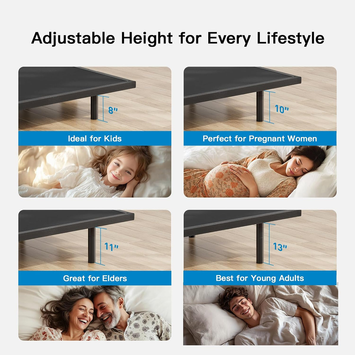 pipishell queen adjustable bed frame with massage, electric showing dimensions