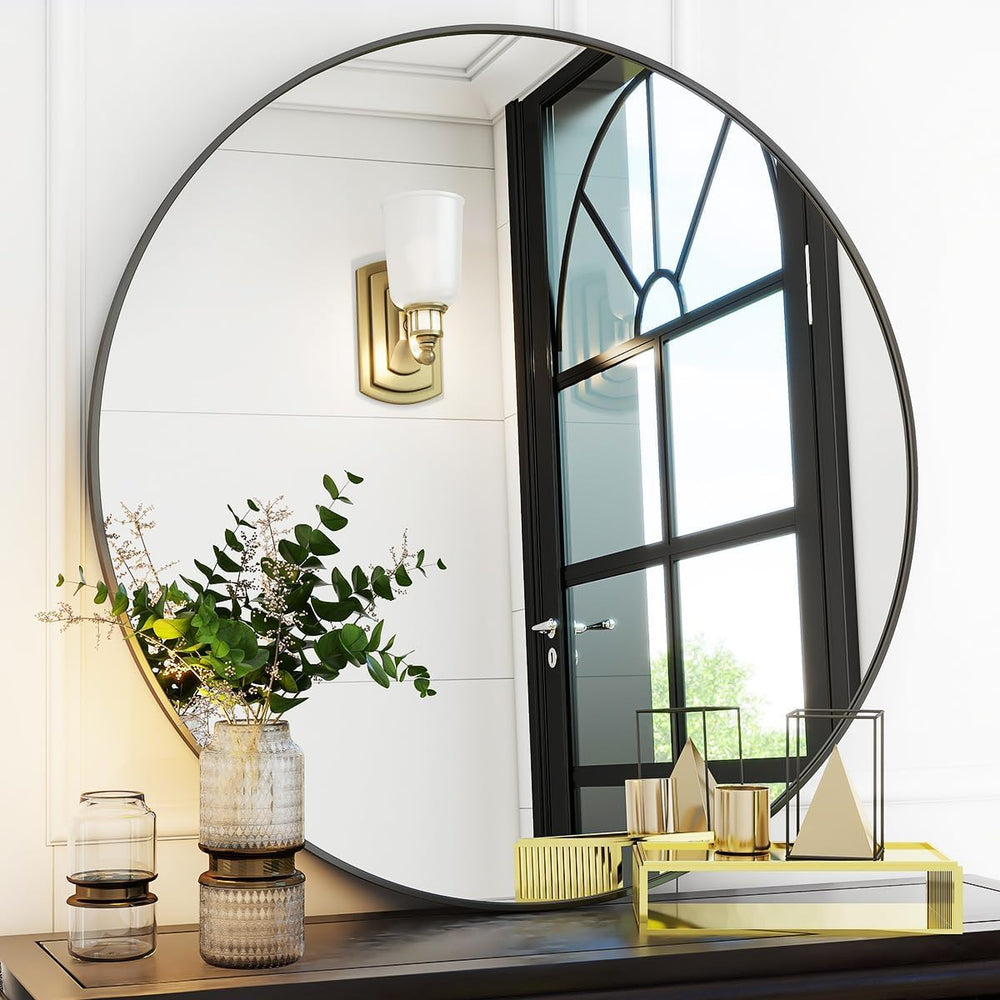 Black Round Bathroom Mirror 30", Thin Metal Frame Wall Mirror