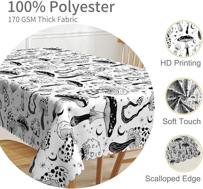 60x120inches Mushroom Tablecloth Retro 70s 60s Hippie Black and White Mushroom - Image 3