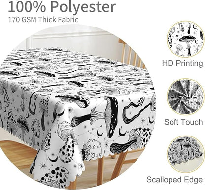 70x120inches Mushroom Tablecloth Retro 70s 60s Hippie Black and White Mushroom - Image 3