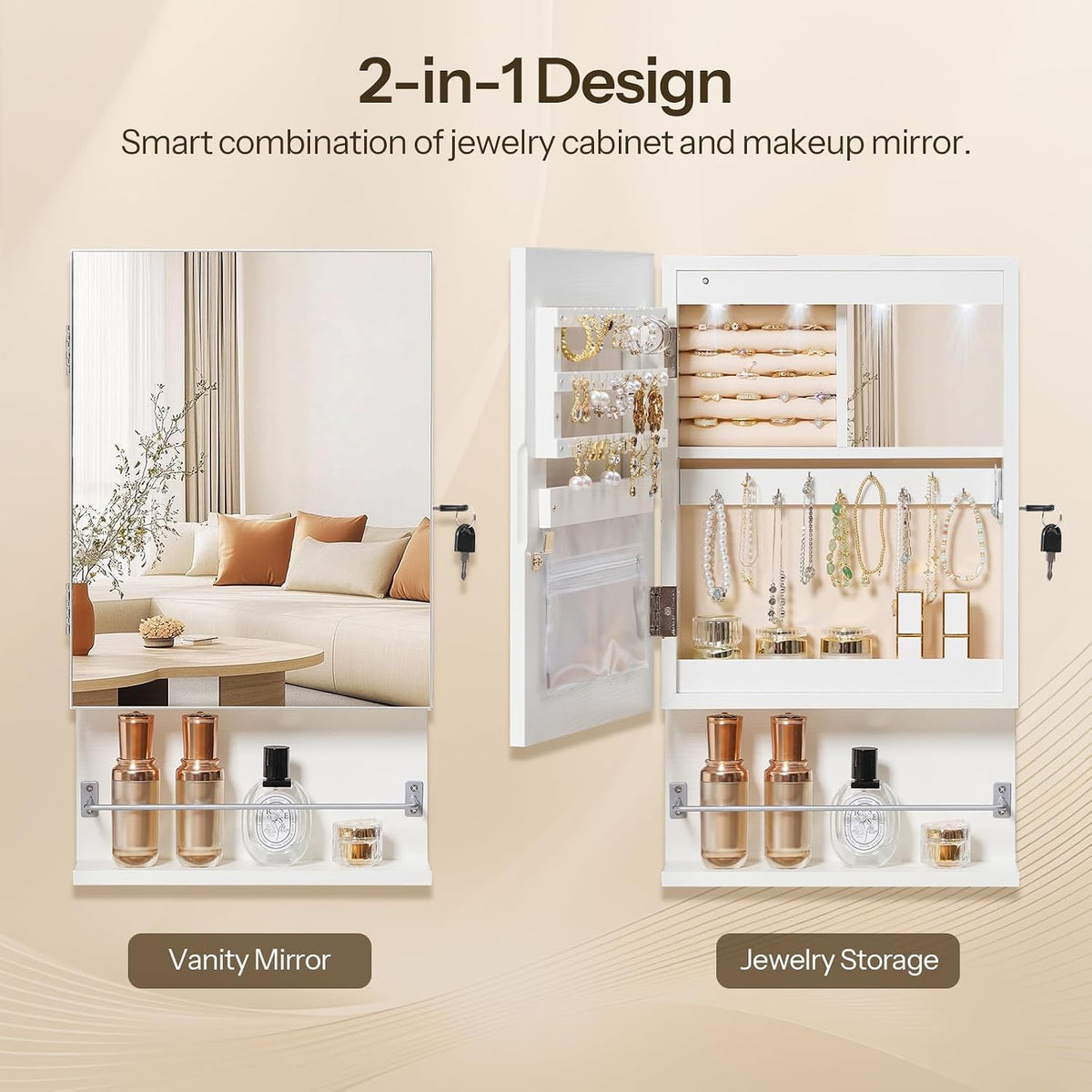 hoobro wall mounted jewelry cabinet, led jewelry armoire showing dimensions