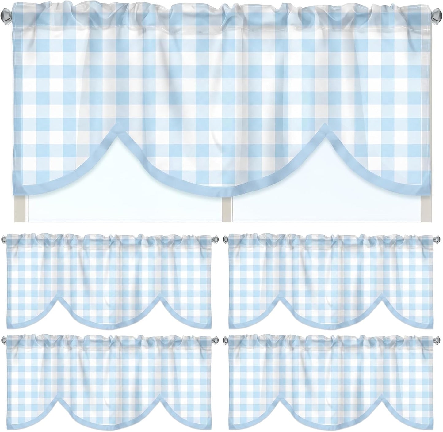 Hahafelt 4 Pcs Classroom Curtains Pastel Blue Gingham Window Valances Curtains 54" W x 18" L Simple Rod Pocket Back to School Window Treatment for Classroom Living Room Bedroom Kitchen