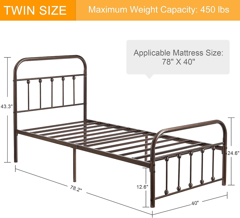 VECELO Twin Size Victorian Style Metal Bed Frame with Headboard Classic Metal...
