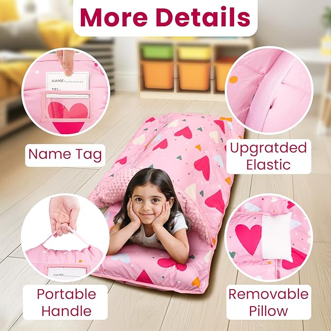 Toddler Nap Mat with Pillow and Minky Blanket, Large 55"x35" Sleeping Bag - Image 5