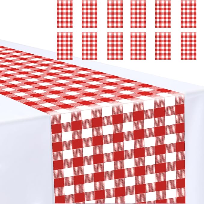 12 Pcs Red and White Checkered Table Runner Plastic 14 x 108 Disposable Gingham by MUNILAIL