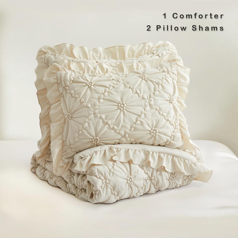 BEDAZZLED Queen Comforter Set, Beige Pinch Pleat Ruffle, 3 Pieces