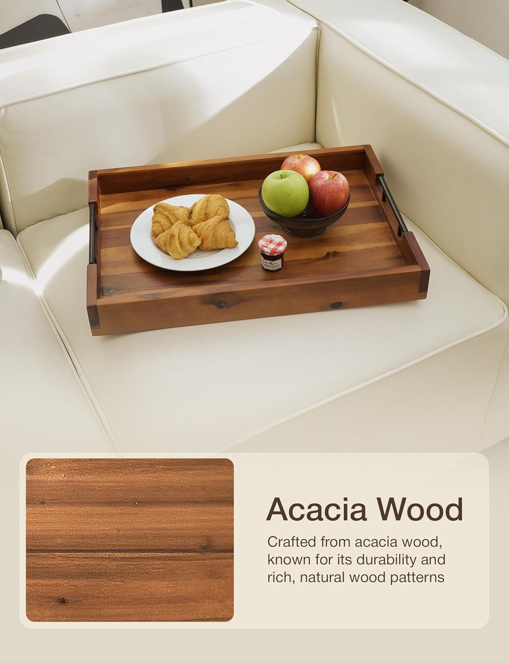 TIDITA 20"x14" Wooden Large Ottoman Tray, Serving Tray with Metal H...