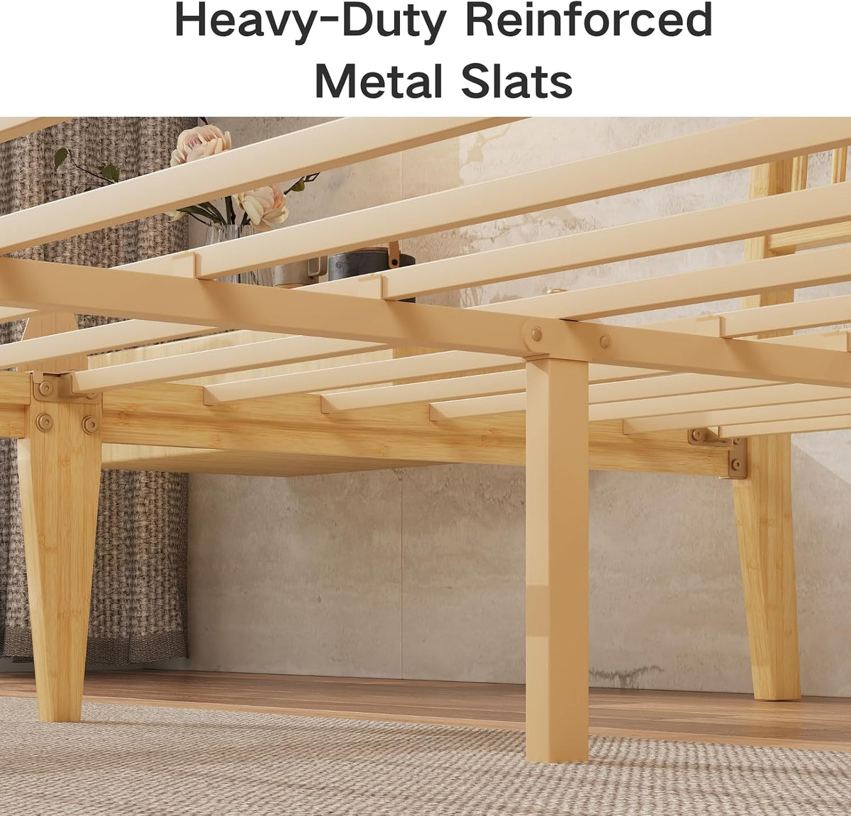 14" solid bamboo wood full size bed frame showing dimensions