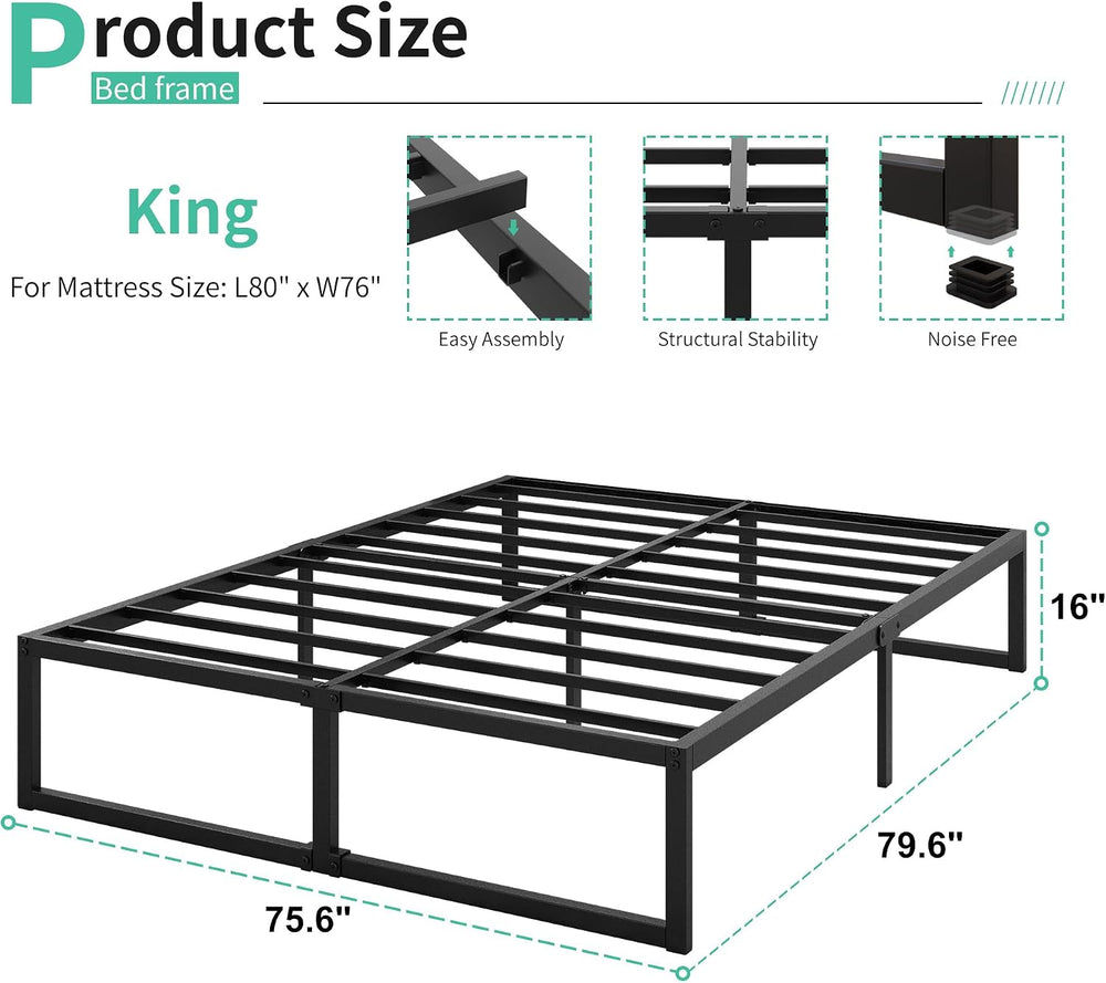 Lutown-Teen 16 Inch King Size Bed Frame with Heavy Duty Steel Slat Support