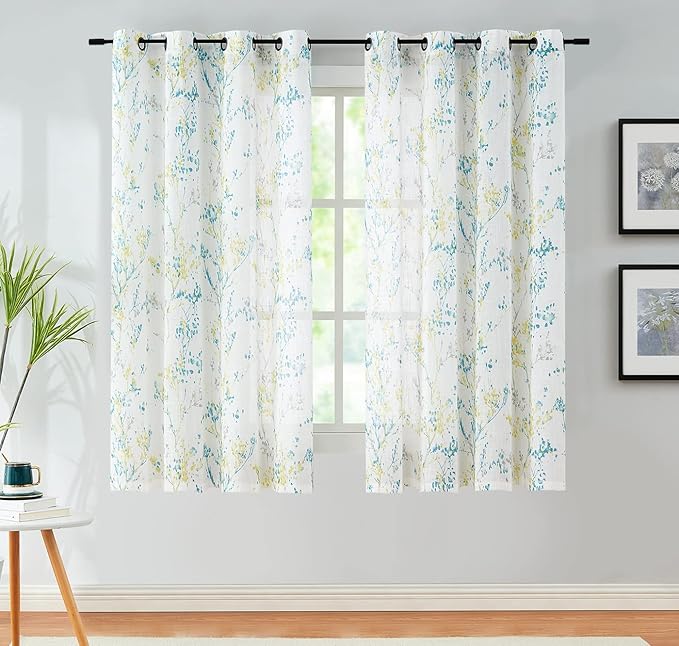 Tree Semi Sheer Curtains for Living Room Bedroom Teal Yellow and Grey Branch on - Image 2