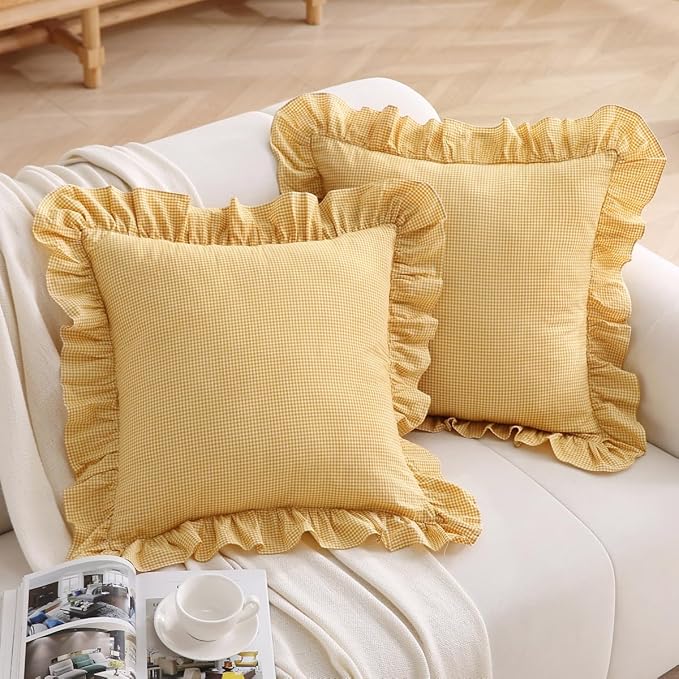 Vintage Yellow Plaid Ruffle Throw Pillow Covers 20x20 inches, Washed Cotton - Image 2