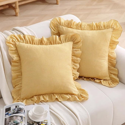 Vintage Yellow Plaid Ruffle Throw Pillow Covers 20x20 inches, Washed Cotton - Image 2