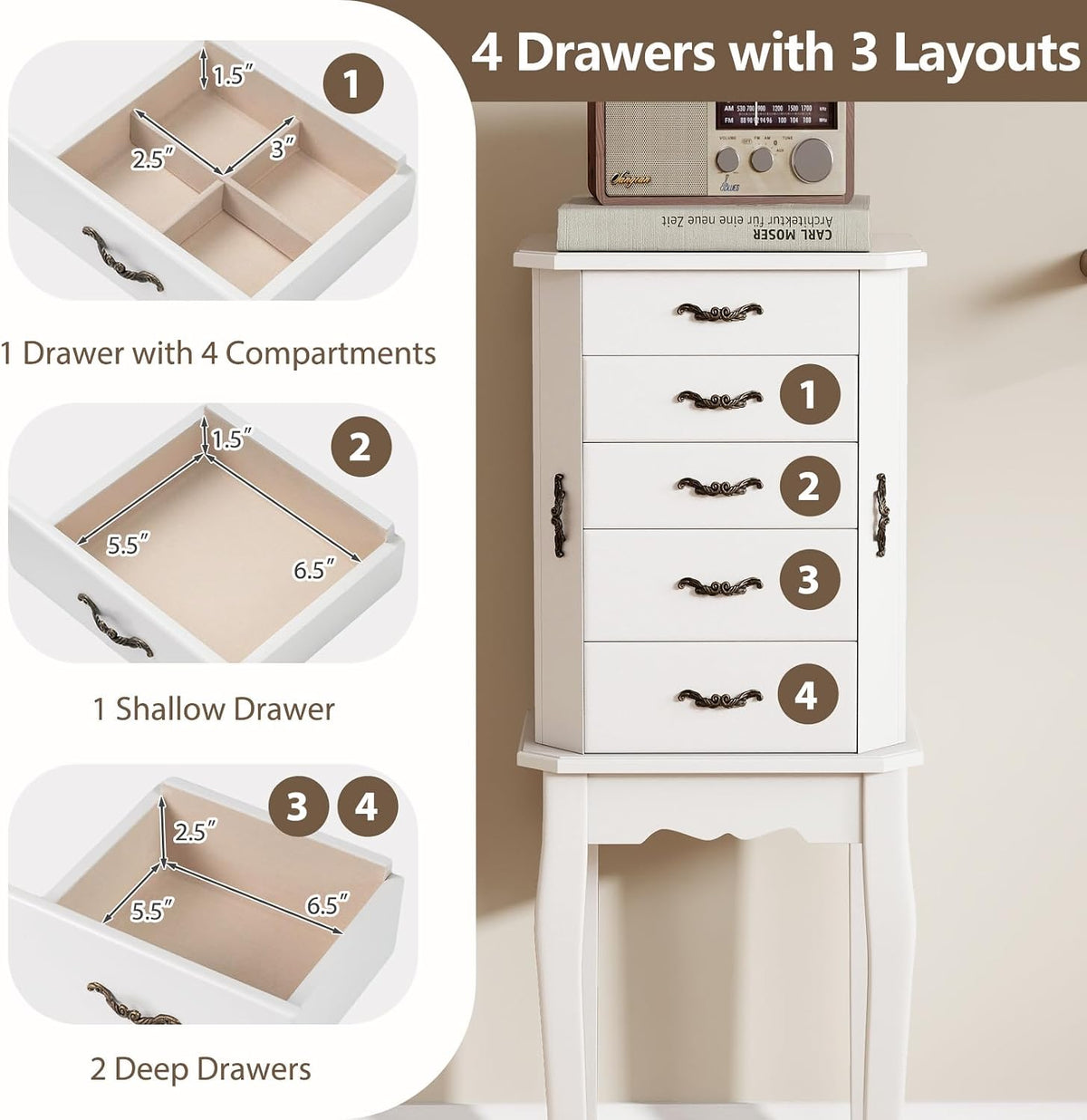 charmaid standing jewelry cabinet with 4 drawers, flip, side view