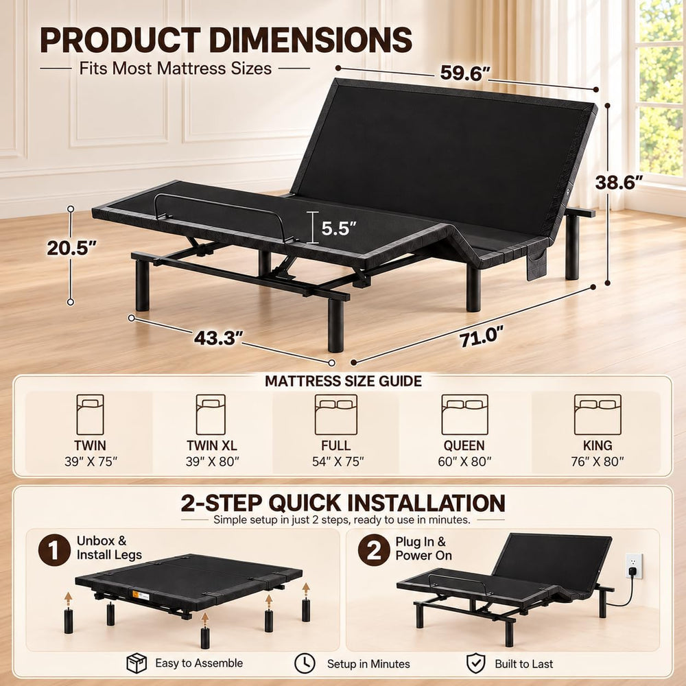Marsail Queen Zero Clearance Adjustable Bed Base,Electric Bed with Massage