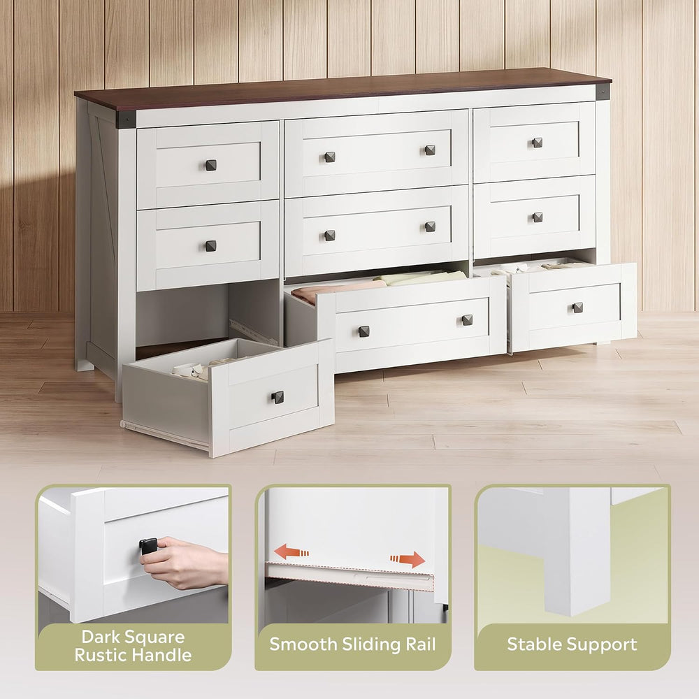 9-Drawer 62.2"W Farmhouse TV Stand for TVs up to 70 Inches, White