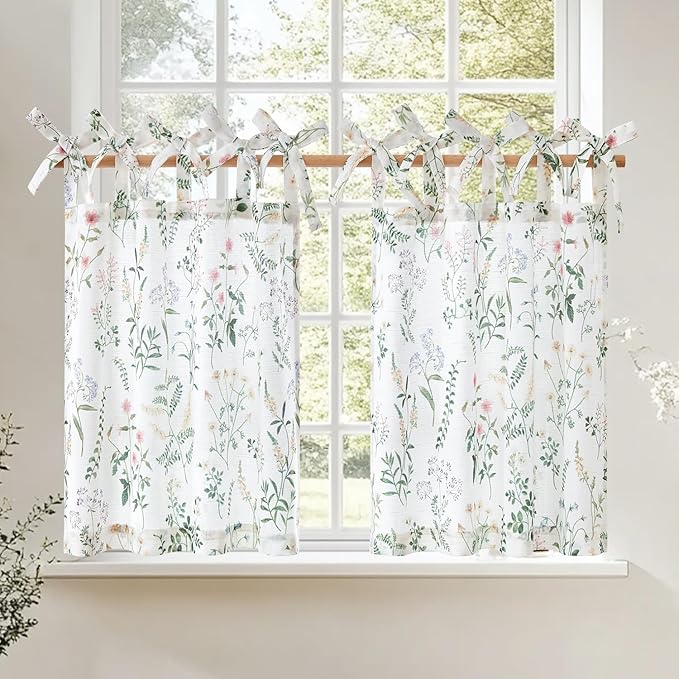 jinchan Linen Kitchen Curtains Floral Printed Tier Curtains 36 Inch Length by JINCHAN