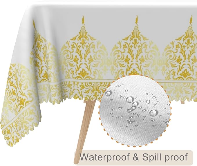 70x90inches White Rectangle Table Cloth Gold Floral Border Printed Decorative - Image 2
