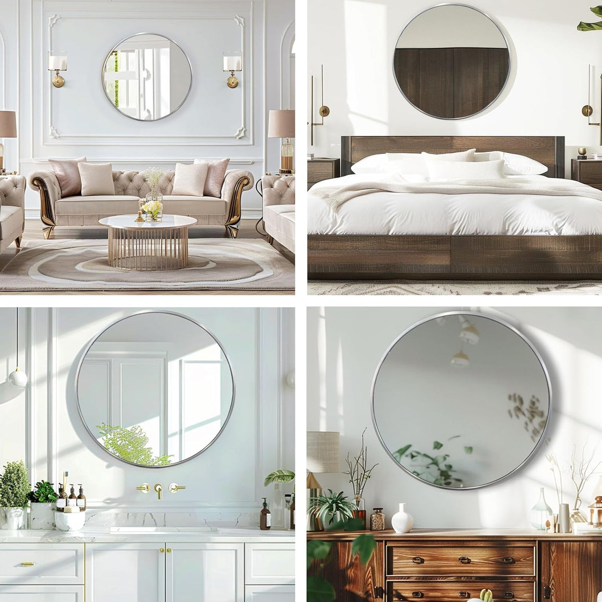 round bathroom mirror, circle mirror, silver, 30" l showing dimensions