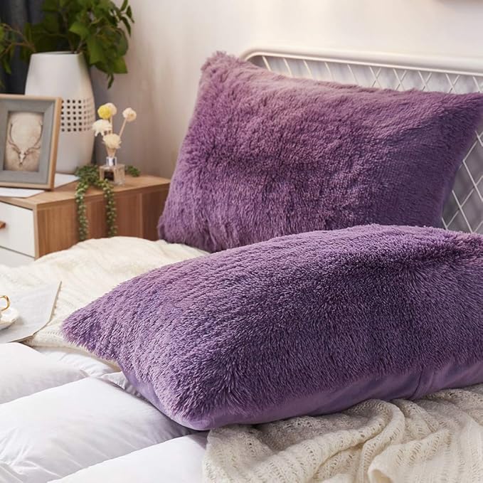 Uhamho Set of 2 Standard Pillowcases Faux Fur Throw Pillow Covers Queen Size - Image 2