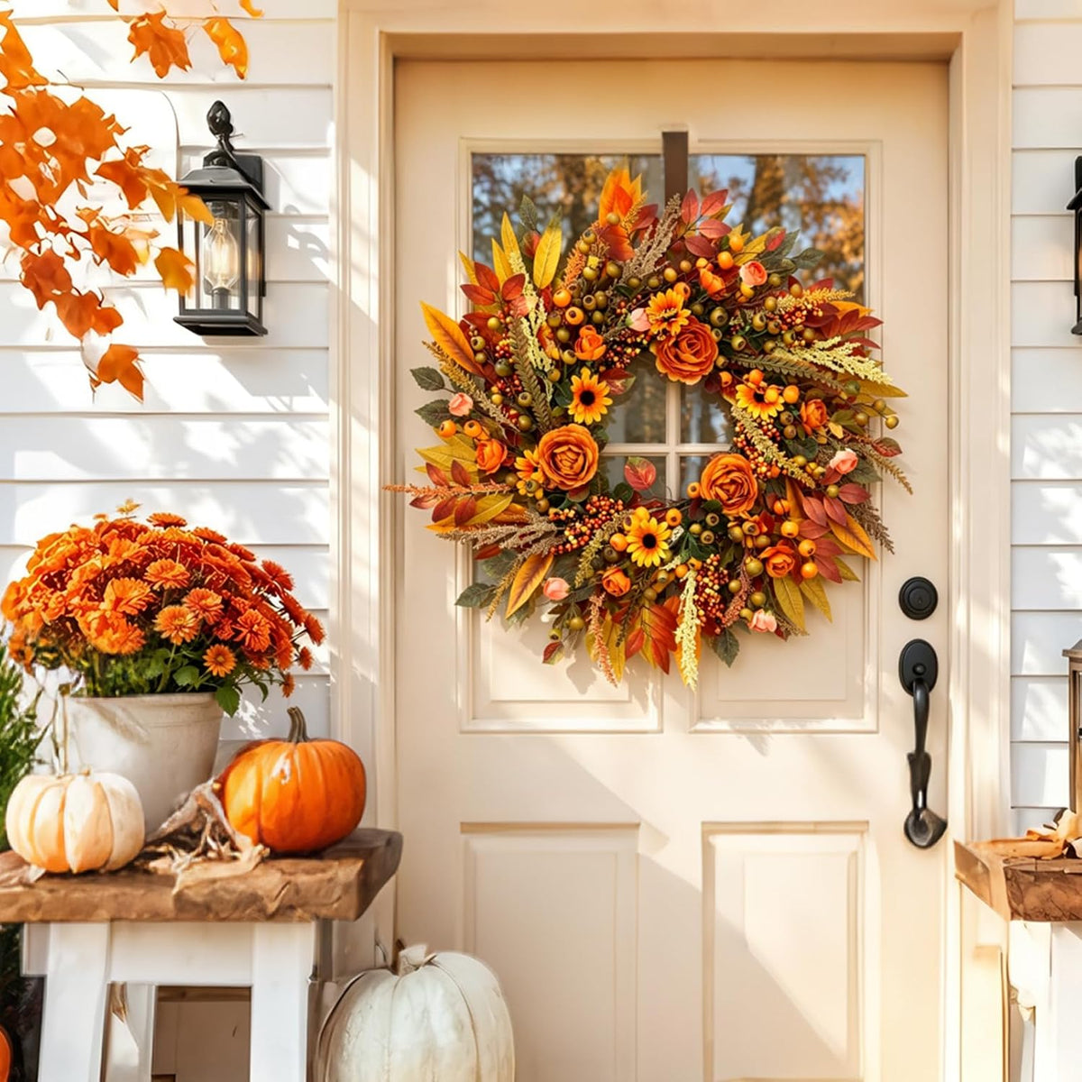 Fall Wreath for Front Door 26 Inch, Autumn Harvest Wreath Sunflowers Roses Acorns Berries, Thanksgiving Halloween Farmhouse Rustic Grapevine Twig Decor