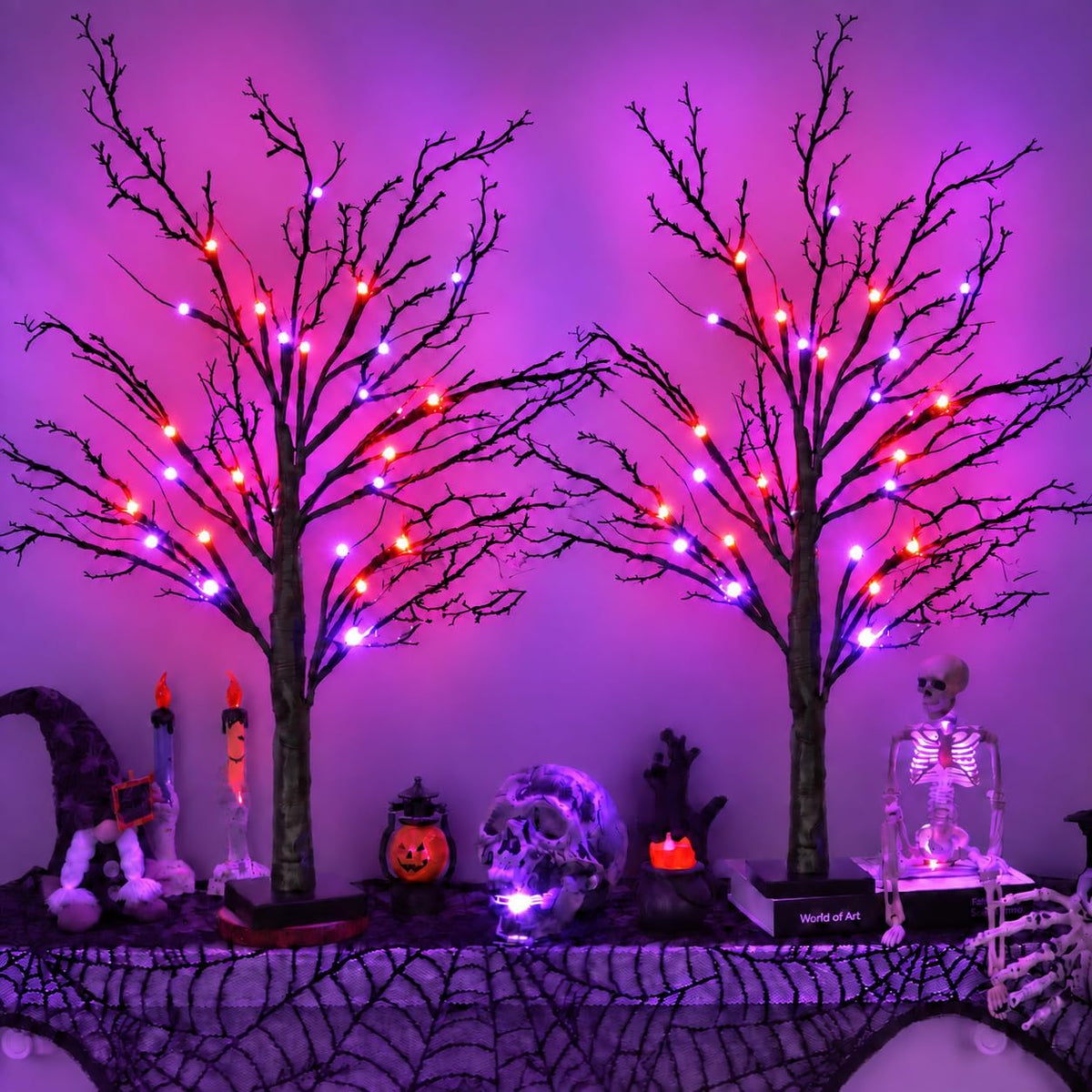 [Timer] 2 Pack Halloween Decorations Indoor, 24 Inch Lighted Black Halloween Tree with 24 Orange & Purple Lights, USB or Battery Powered Spooky Tabletop Tree for Home, Party, Fireplace & Holiday Decor