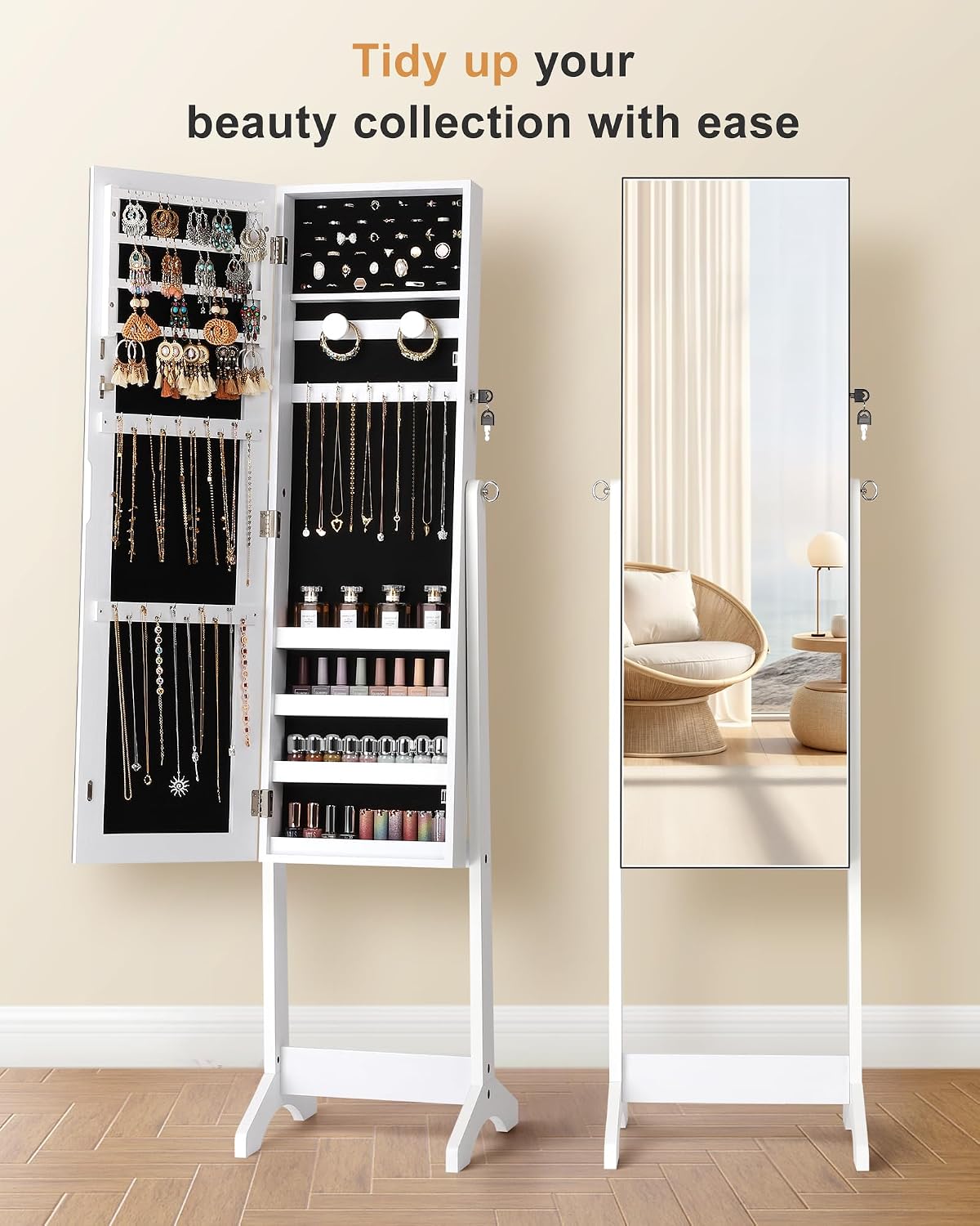 nicetree freestanding jewelry cabinet, full length mirror, moon, close-up detail