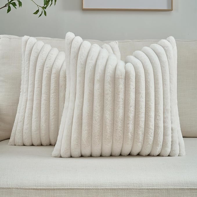 FUTEI Cream Throw Pillow Covers Set of 2, 20x20 Inch Striped Texture Cushion by FUTEI