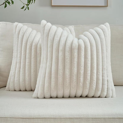 FUTEI Cream Throw Pillow Covers Set of 2, 22x22 Inch Striped Texture Cushion by FUTEI