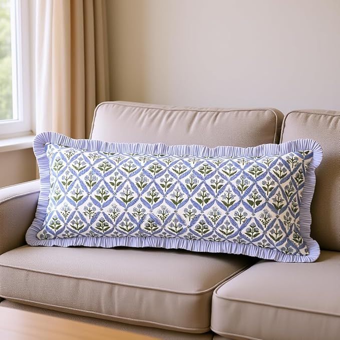 Ridhi Light Steel Blue 100% Cotton Block Print Ruffle Lumbar Sham Cover by Ridhi