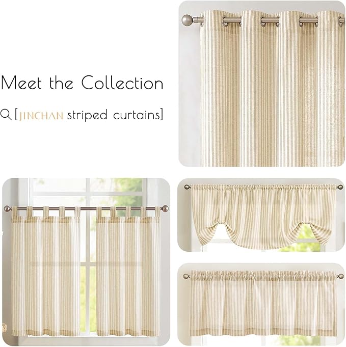 jinchan Tab Top Linen Kitchen Curtains 24 Inches Striped Tier Curtains - Image 6