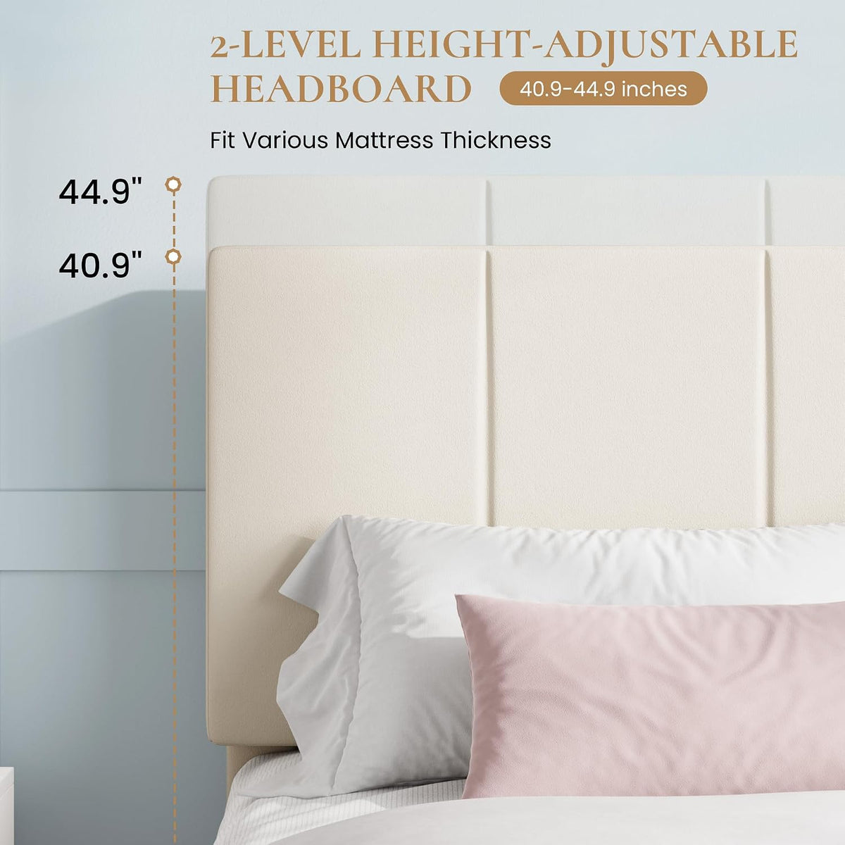 sha cerlin full size bed frame, velvet upholstered, side view