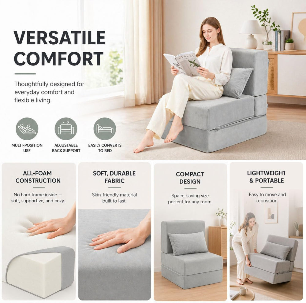 Folding Sofa Bed, Convertible Sleeper Chair, No Assembly (Gray)