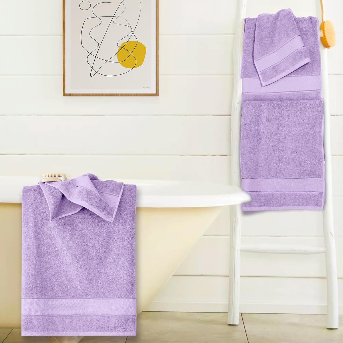 cozyart bath towel set 6 pcs, luxury lavender on a desk or shelf