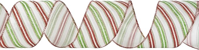 MEEDEE Red and Green Diagonal Striped Ribbon 2.5 Inch White Satin - Image 7